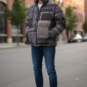 BDG Urban Outfitters Black and Gray Patterned Puffer Jacket